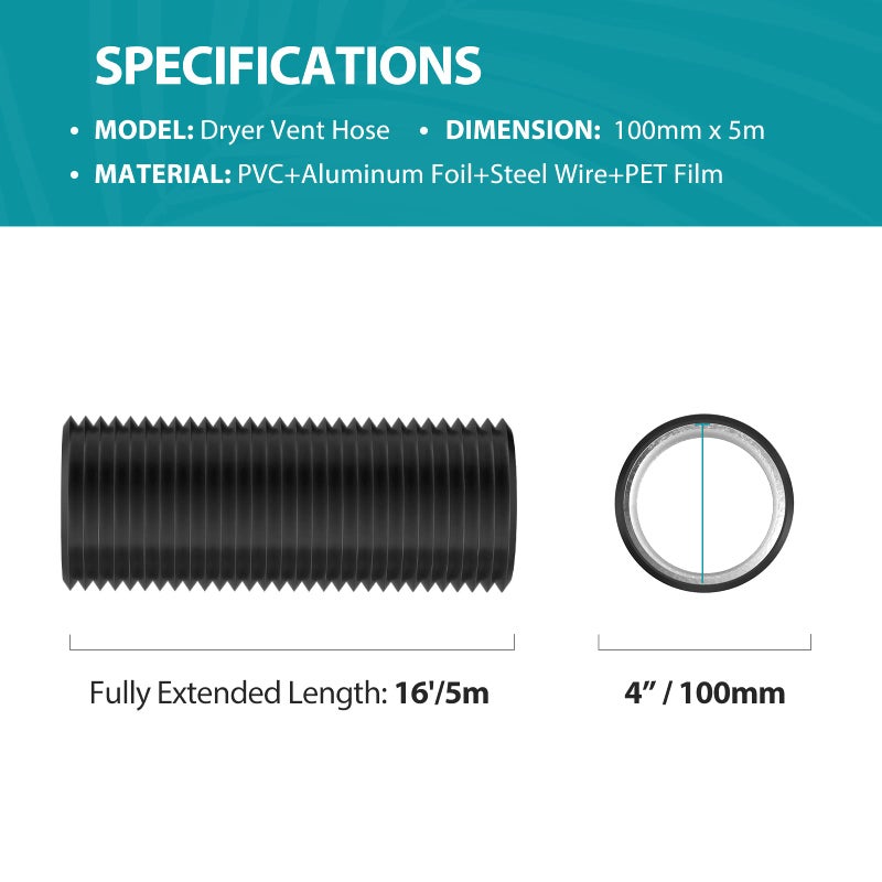 HG POWER 4 Inch Dryer Vent Hose, 16 Feet Long Flexible PVC Hose, Three Layer Noise Reducer Hose Aluminum Ducting for Heating Cooling Ventilation AC Exhaust Black - Image 4
